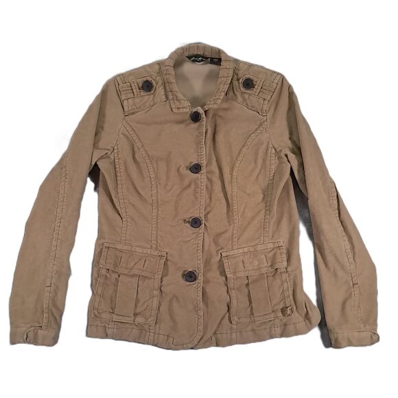 Eddie Bauer Corduroy Jacket Women Medium Tan Button Up Shoulder Straps Pockets - Picture 1 of 14